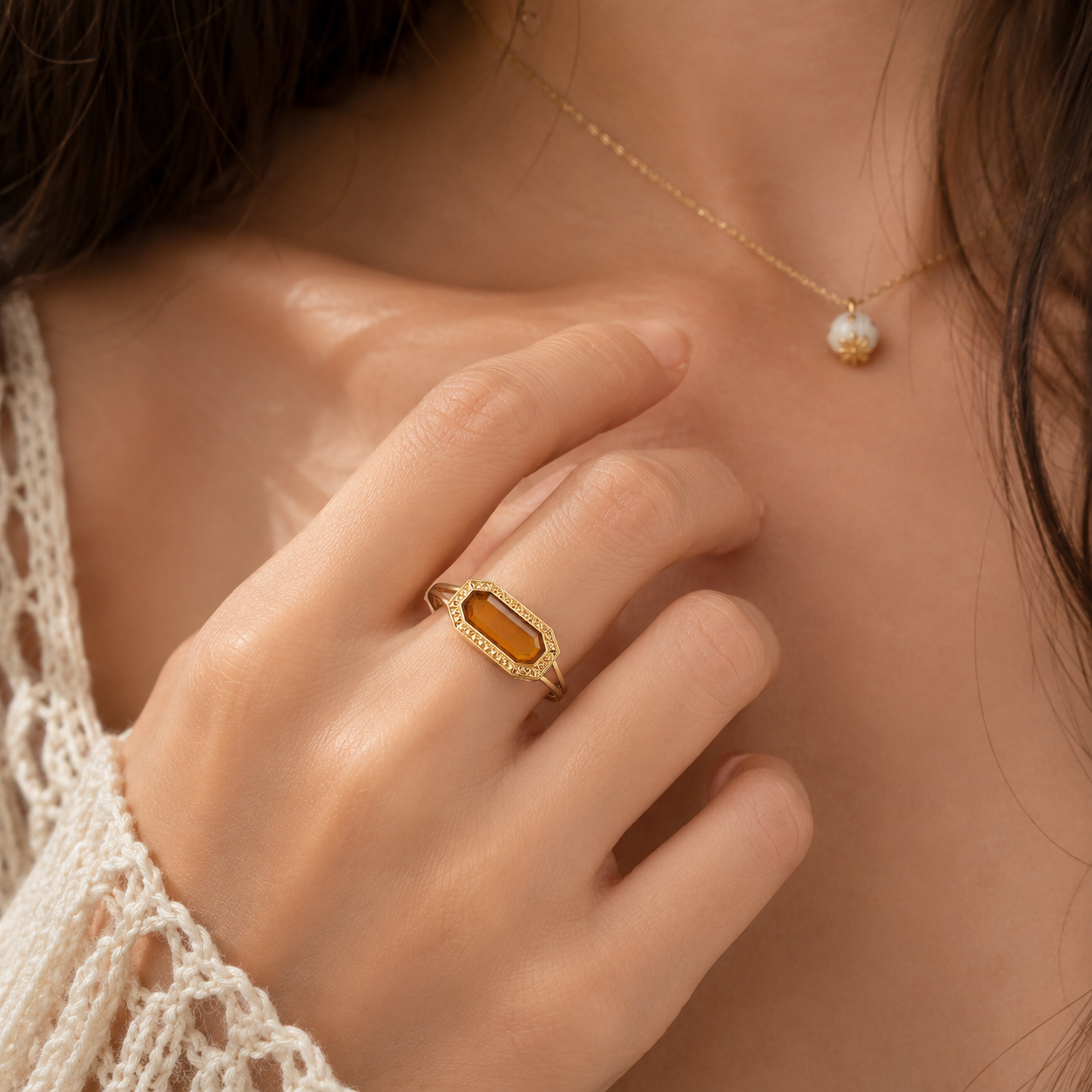 Vintage Baguette Lab-Created Baltic Amber Rings
