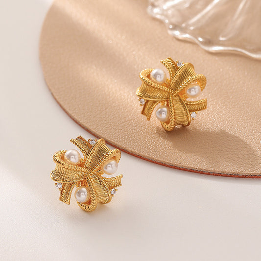 Vintage Metallic Geometric Pearl Earrings