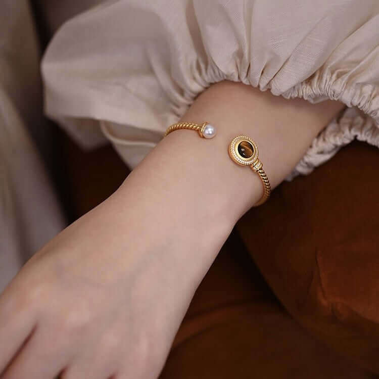 Vintage Tiger Eye Pearl Twist Cuff Bracelet
