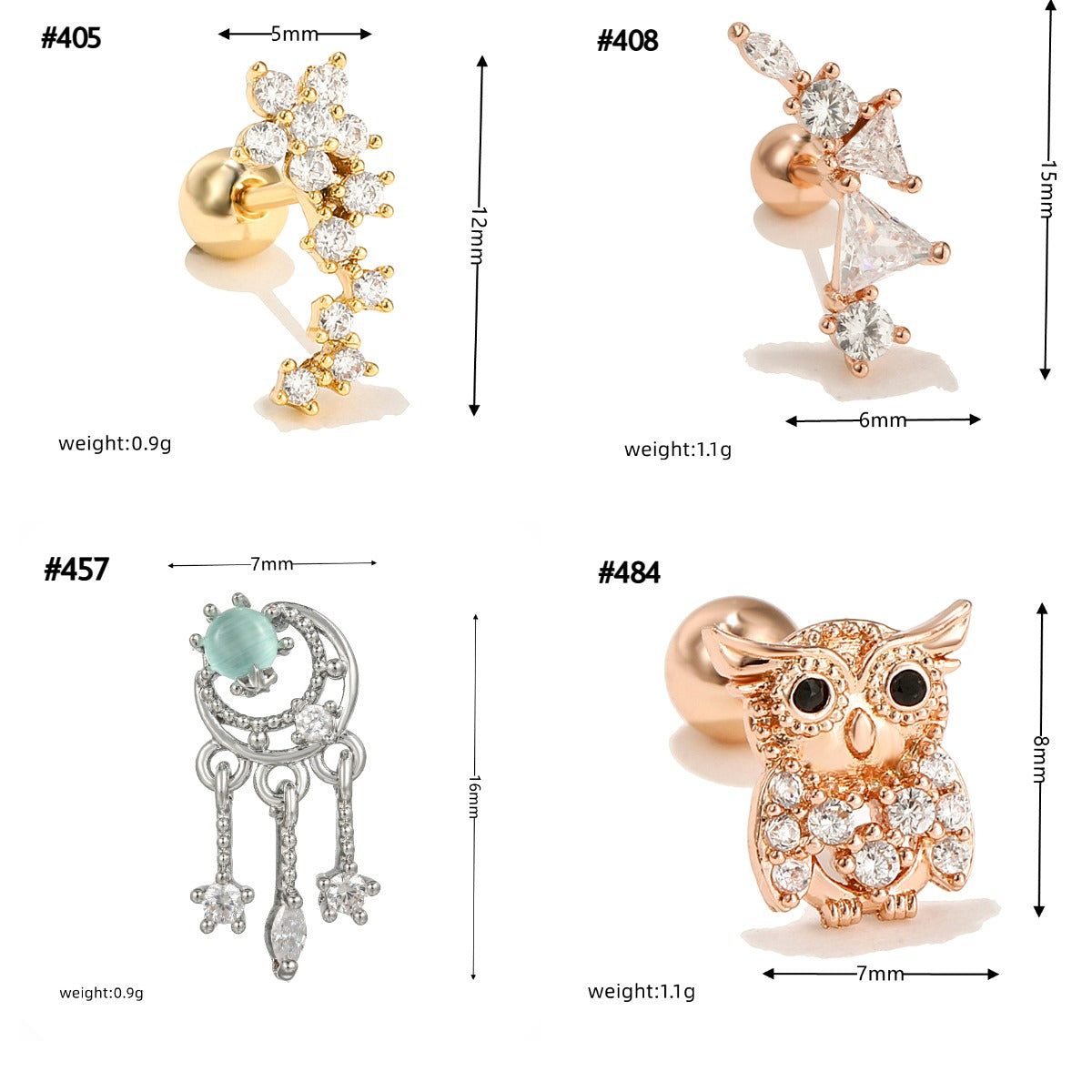 cartilage earrings, piercing jewelry, cartilage piercing, body jewelry, helix piercing, helix earrings, tragus piercing, moon earrings