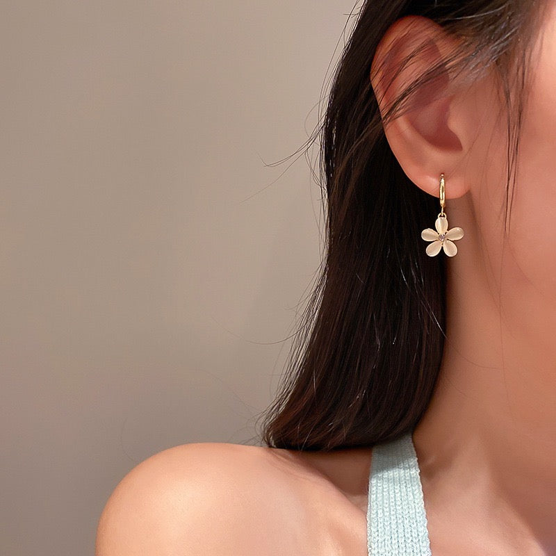 White CZ Flower Blossom Gold Earrings