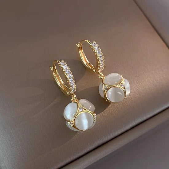 White Cat Eye Stone Ball Earrings