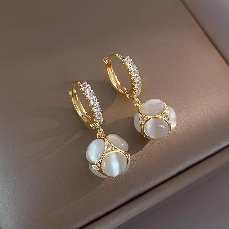 White Cat Eye Stone Ball Earrings