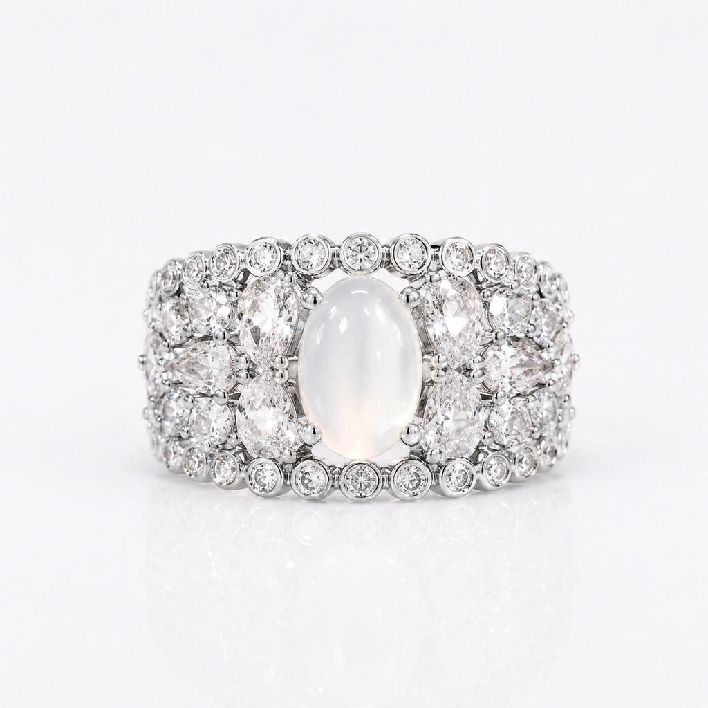 White Chalcedony Halo Statement Ring