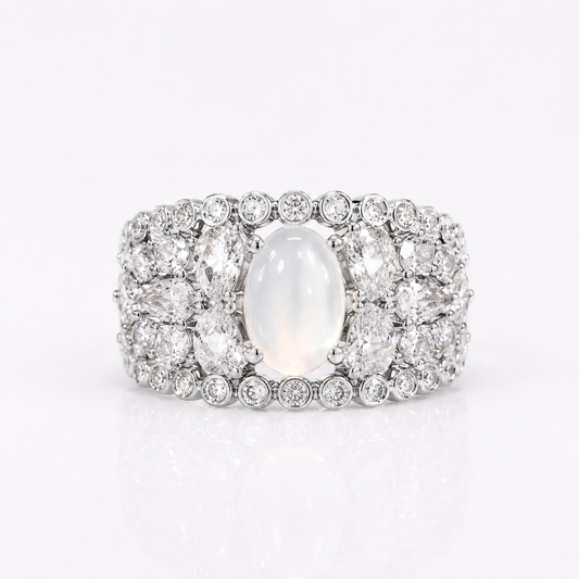 White Chalcedony Halo Statement Ring