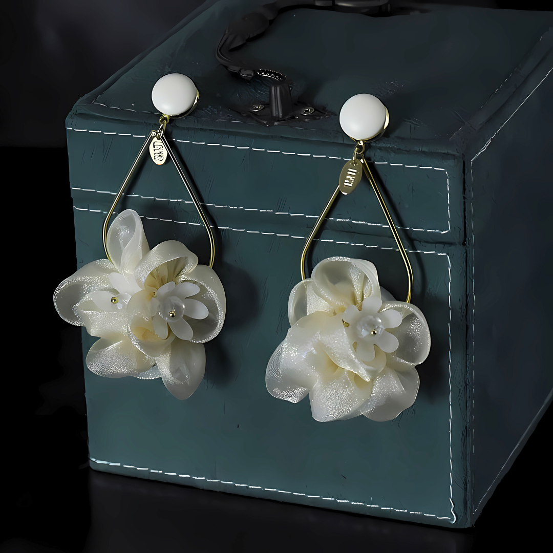 White Chiffon Flower Drop Earrings