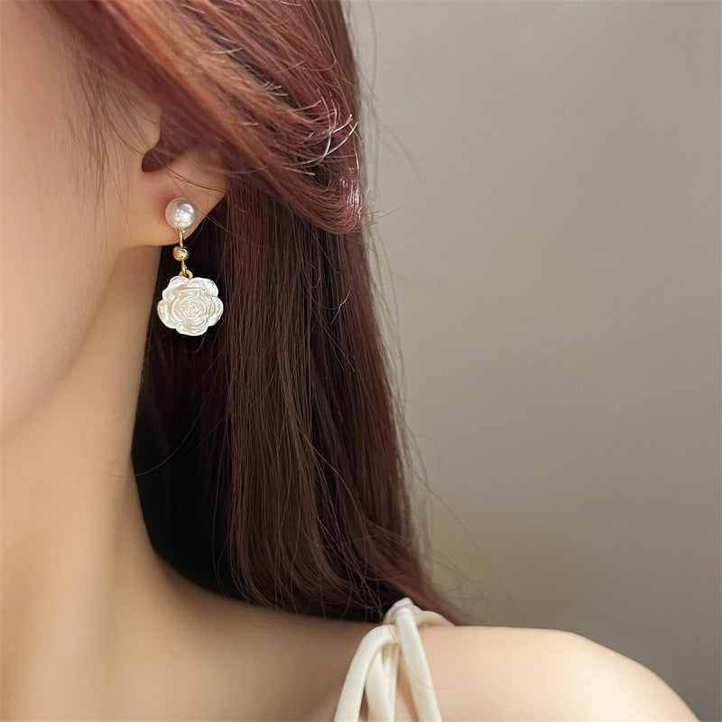 White Flower Pearl Drop Earrings