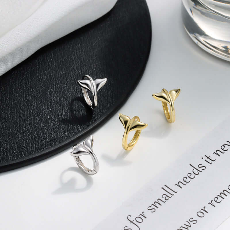 White Gold Whale Tail Earrings, Mermaid Tail Small Hoop,Tiny Tail Hoop