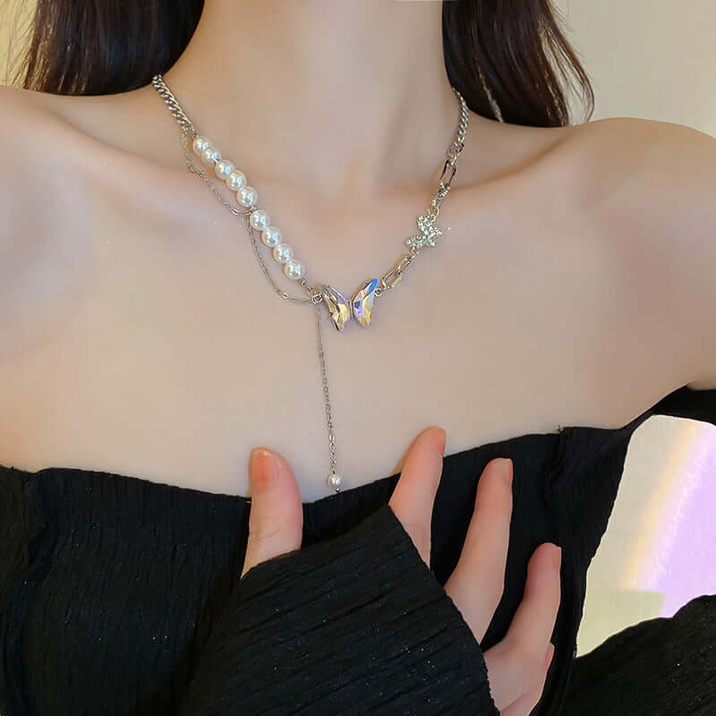 White Pearl Bead Butterfly Half Chain Tassel Necklace