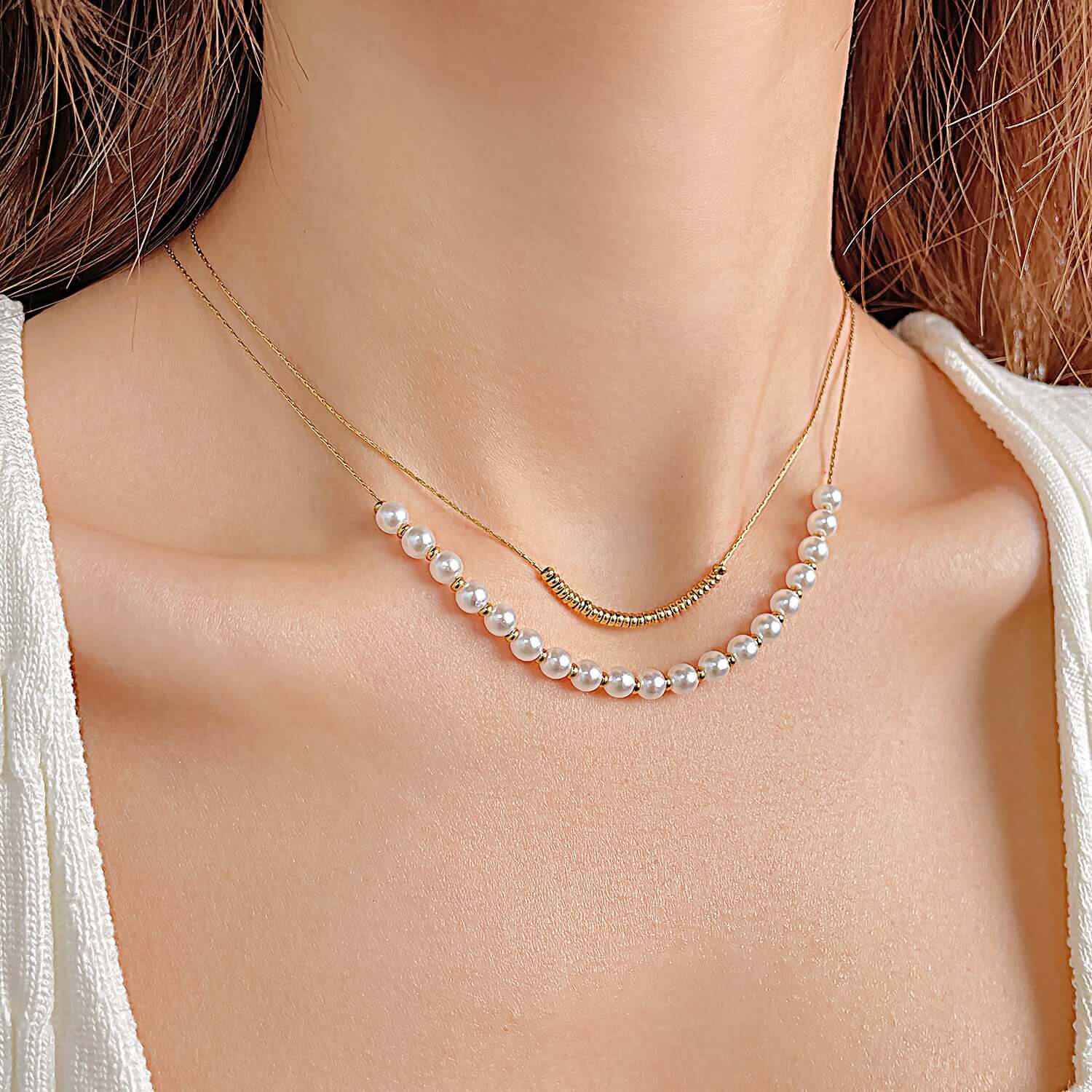 Dainty Pearl Beads Layering Chain Necklace