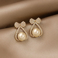 White Pearl Crystal Ribbon Earrings