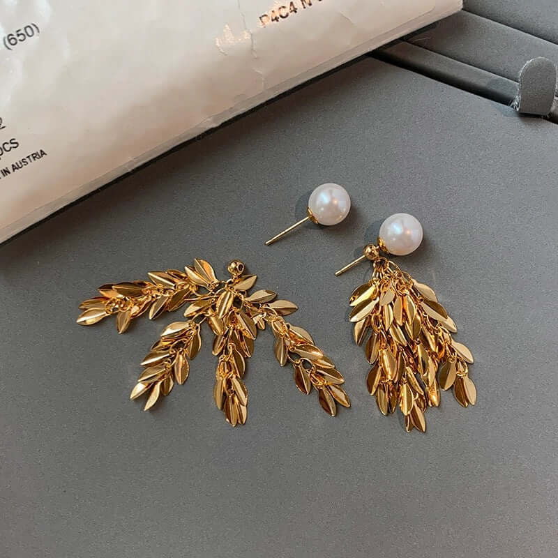 White Pearl Gold Leaf Earrings