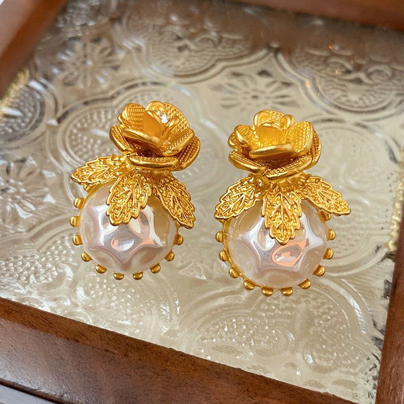 White Pearl Rose Flower Earrings