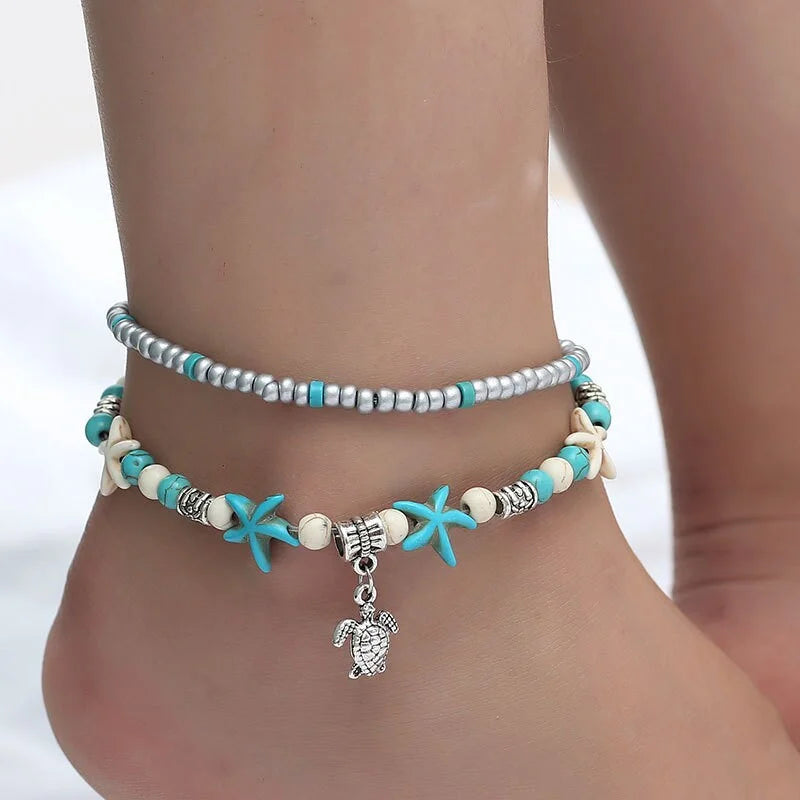 Boho Turquoise Anklet Bracelet, Beaded Anklet, Glass Beaded Anklet | X1805