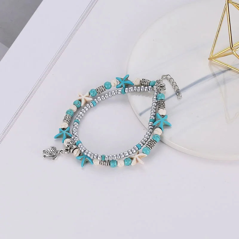 Boho Turquoise Anklet Bracelet, Beaded Anklet, Glass Beaded Anklet | X1805