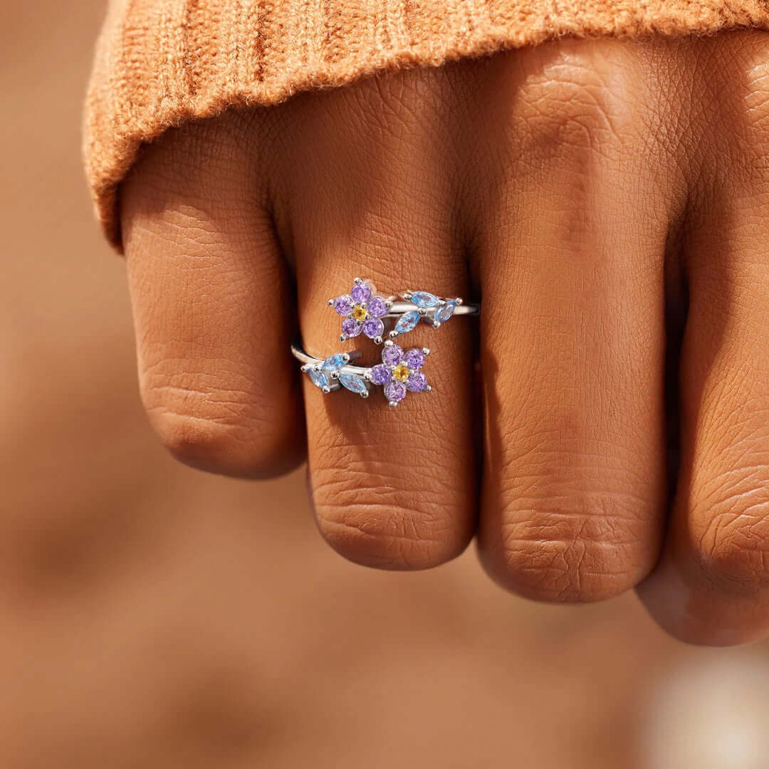 Forget Me Nots Flower Blossom Rings Leaf Stacking Rings