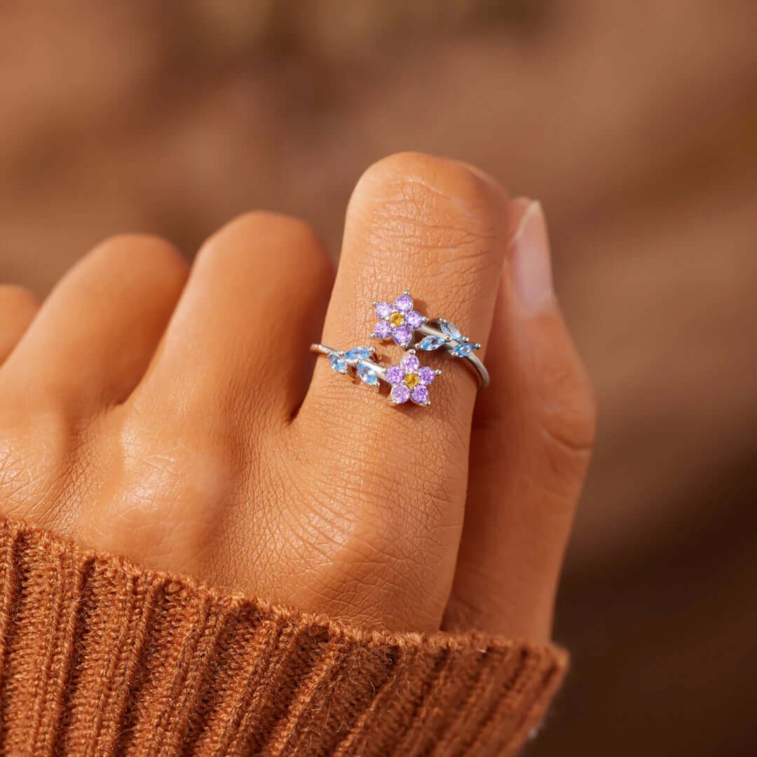 Forget Me Nots Flower Blossom Rings Leaf Stacking Rings