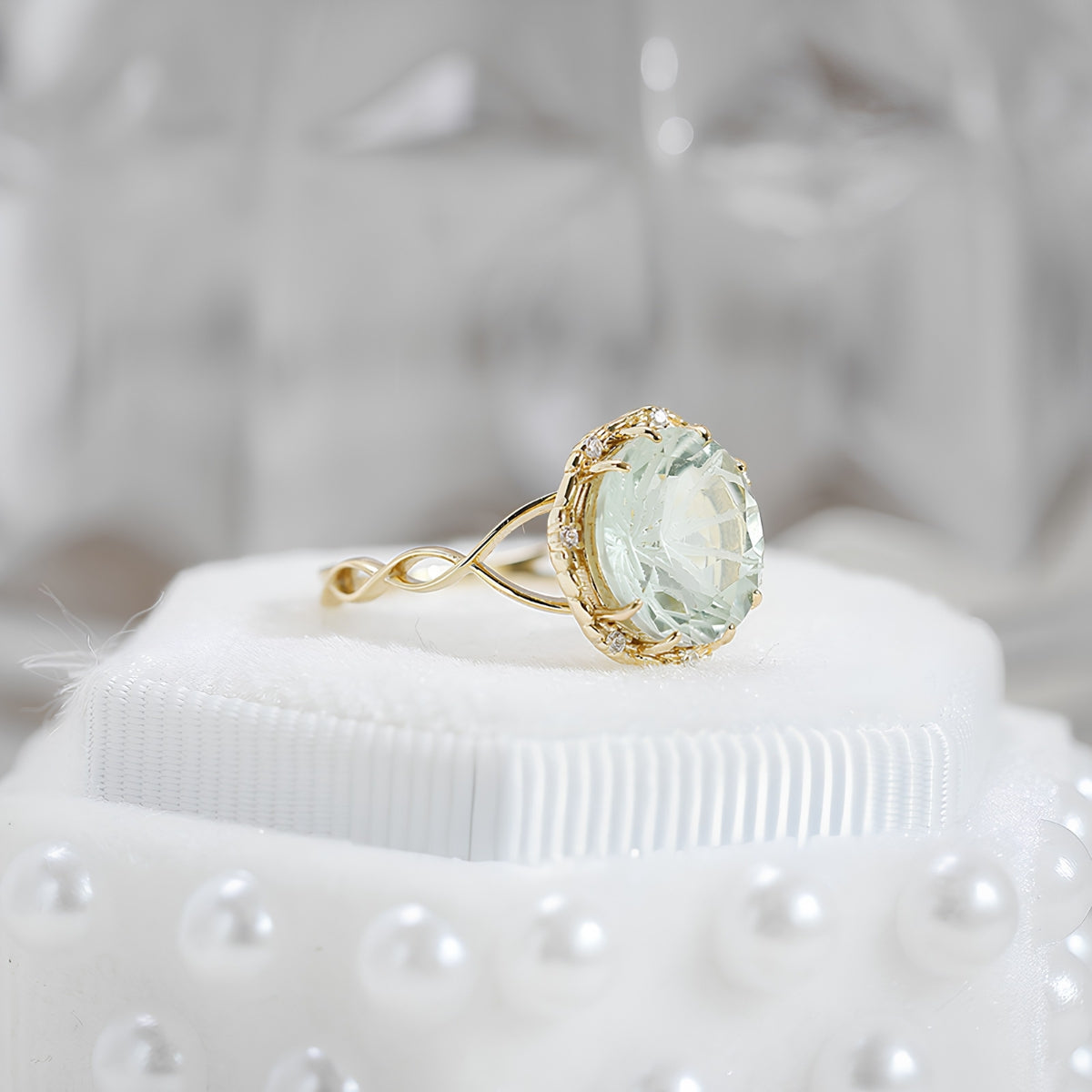 Green Amethyst Halo Floral Solitaire Ring