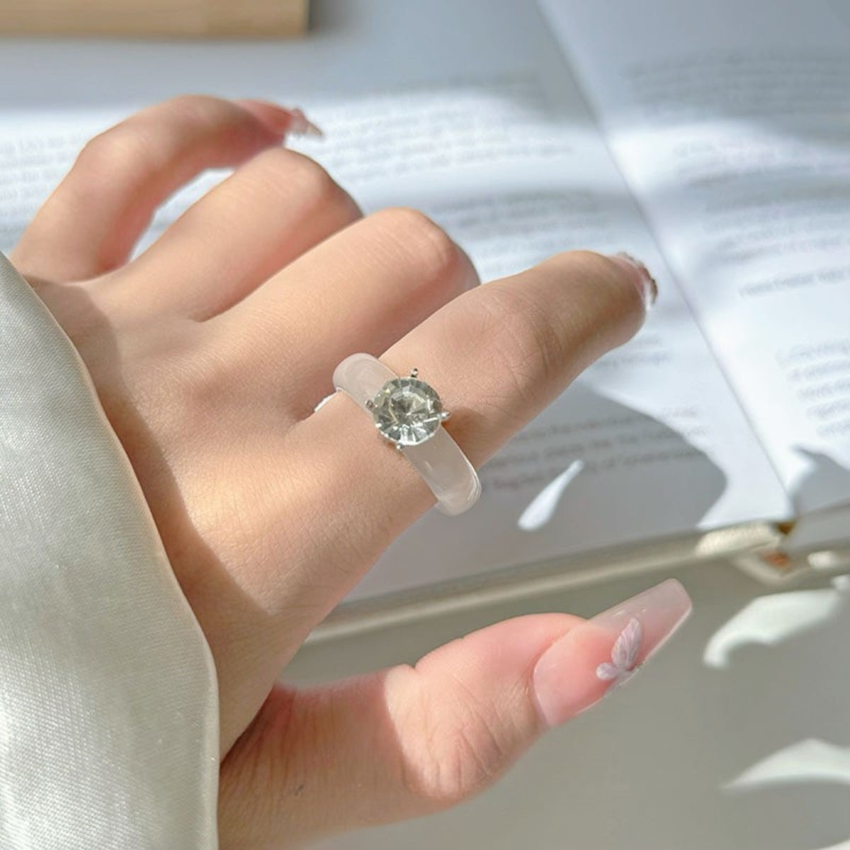 Translucent White Chalcedony Crystal Ring with Zircon