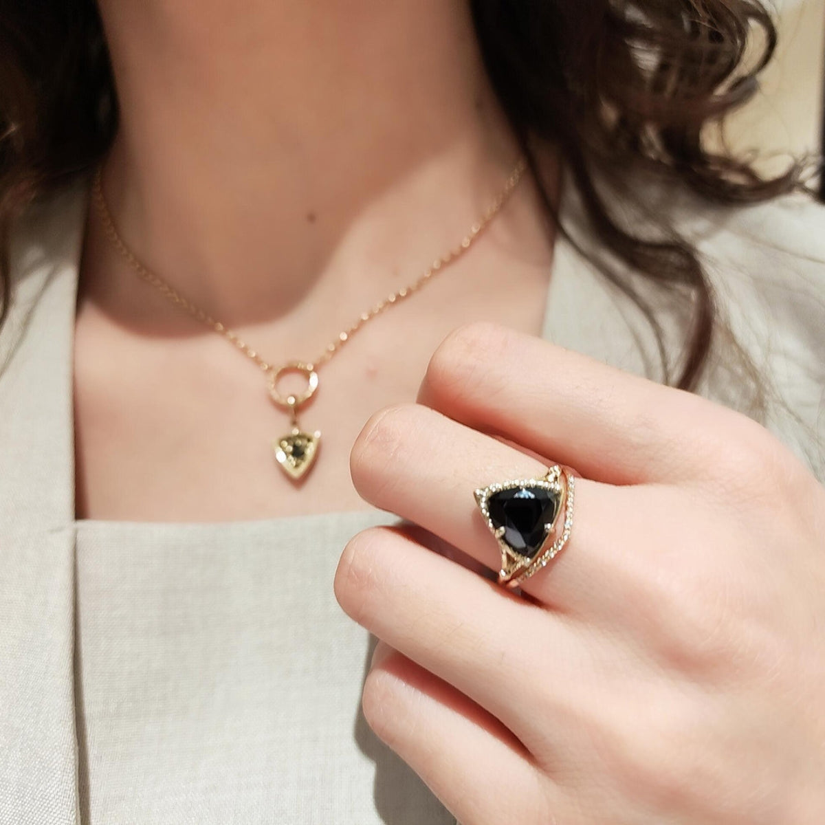 Trillion Black Onyx Flow Ring and Necklace