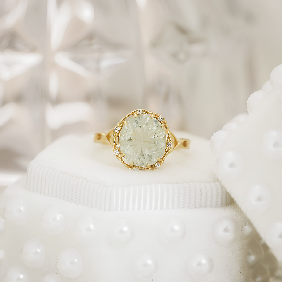 Green Amethyst Halo Floral Solitaire Ring