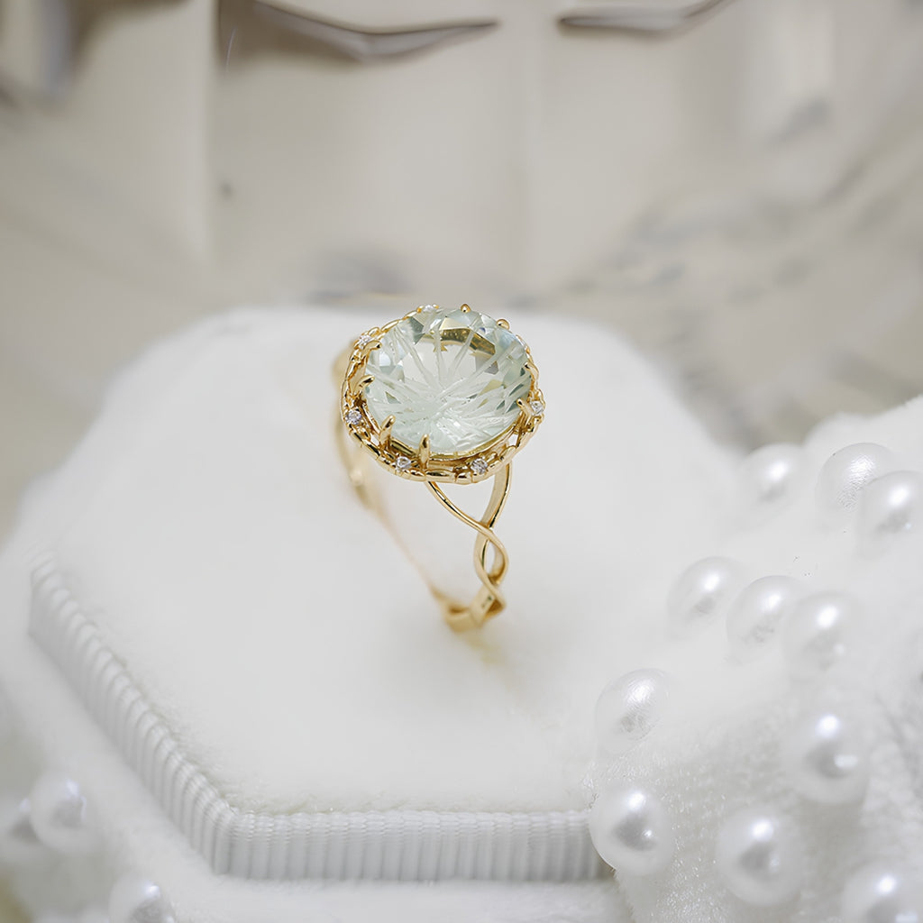 Green Amethyst Halo Floral Solitaire Ring