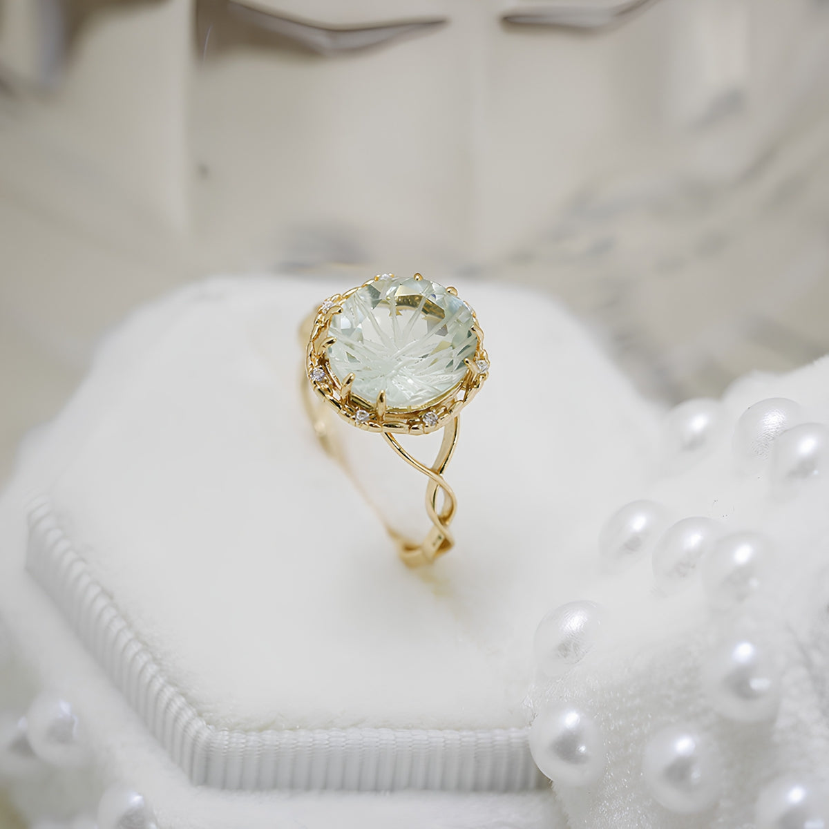 Green Amethyst Halo Floral Solitaire Ring