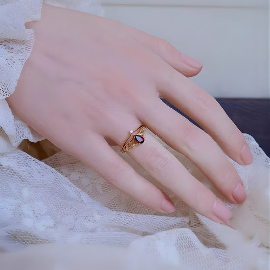 Red Garnet Filigree Curved Ring Set