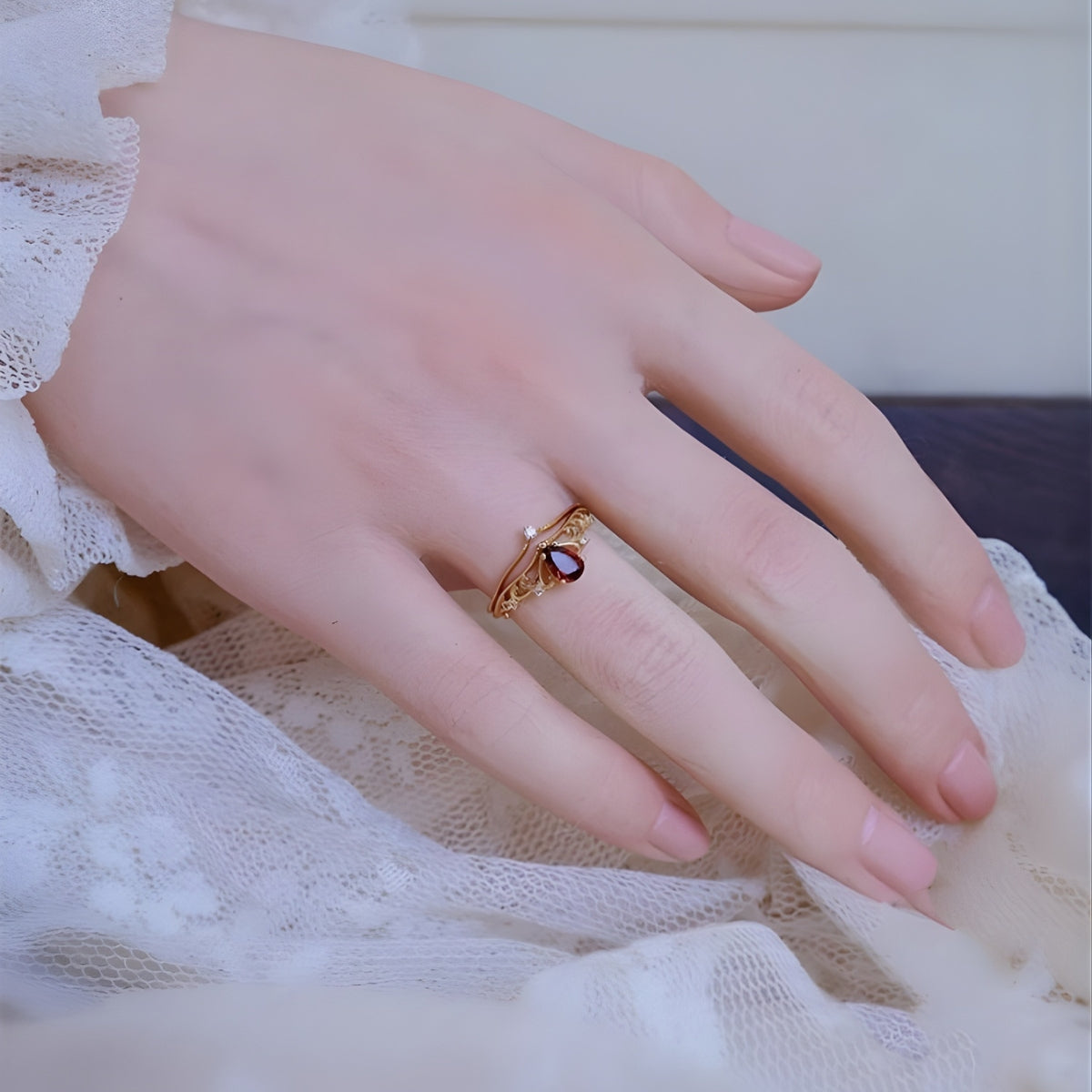 Red Garnet Filigree Curved Ring Set