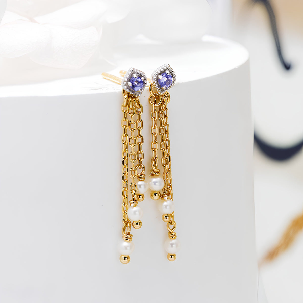 Tanzanite Tassel Earrings with Freshwater Pearl