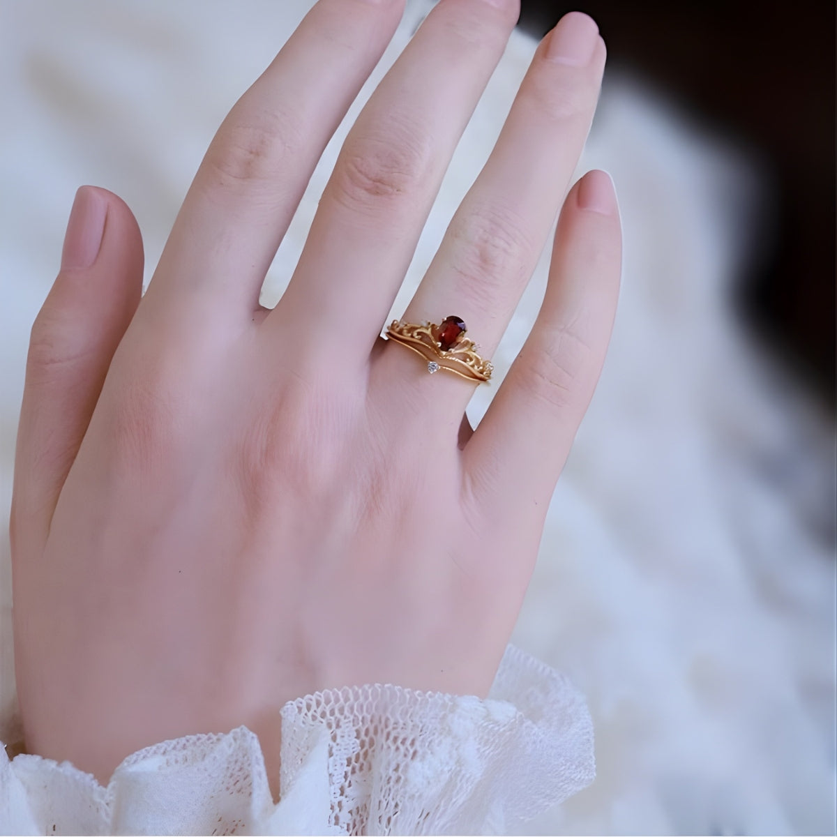 Red Garnet Filigree Curved Ring Set
