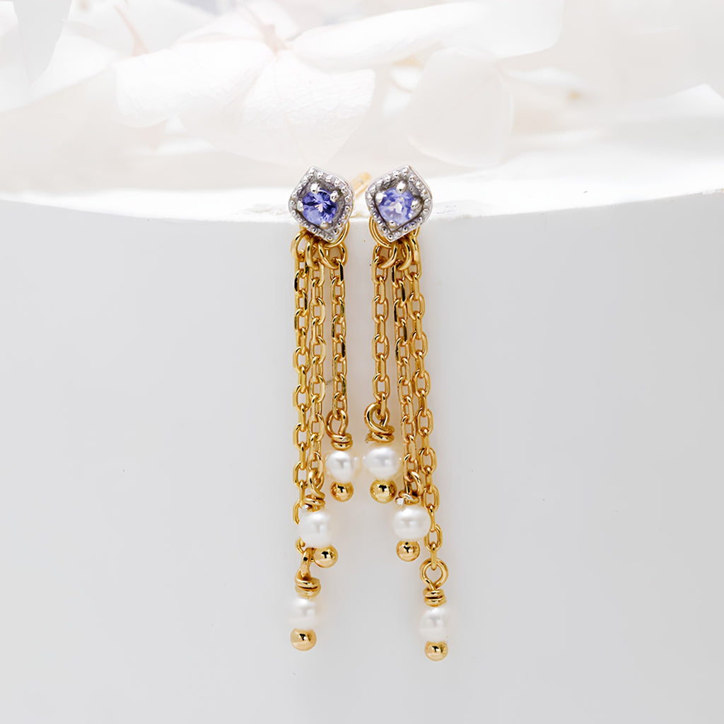 Tanzanite Tassel Earrings with Freshwater Pearl