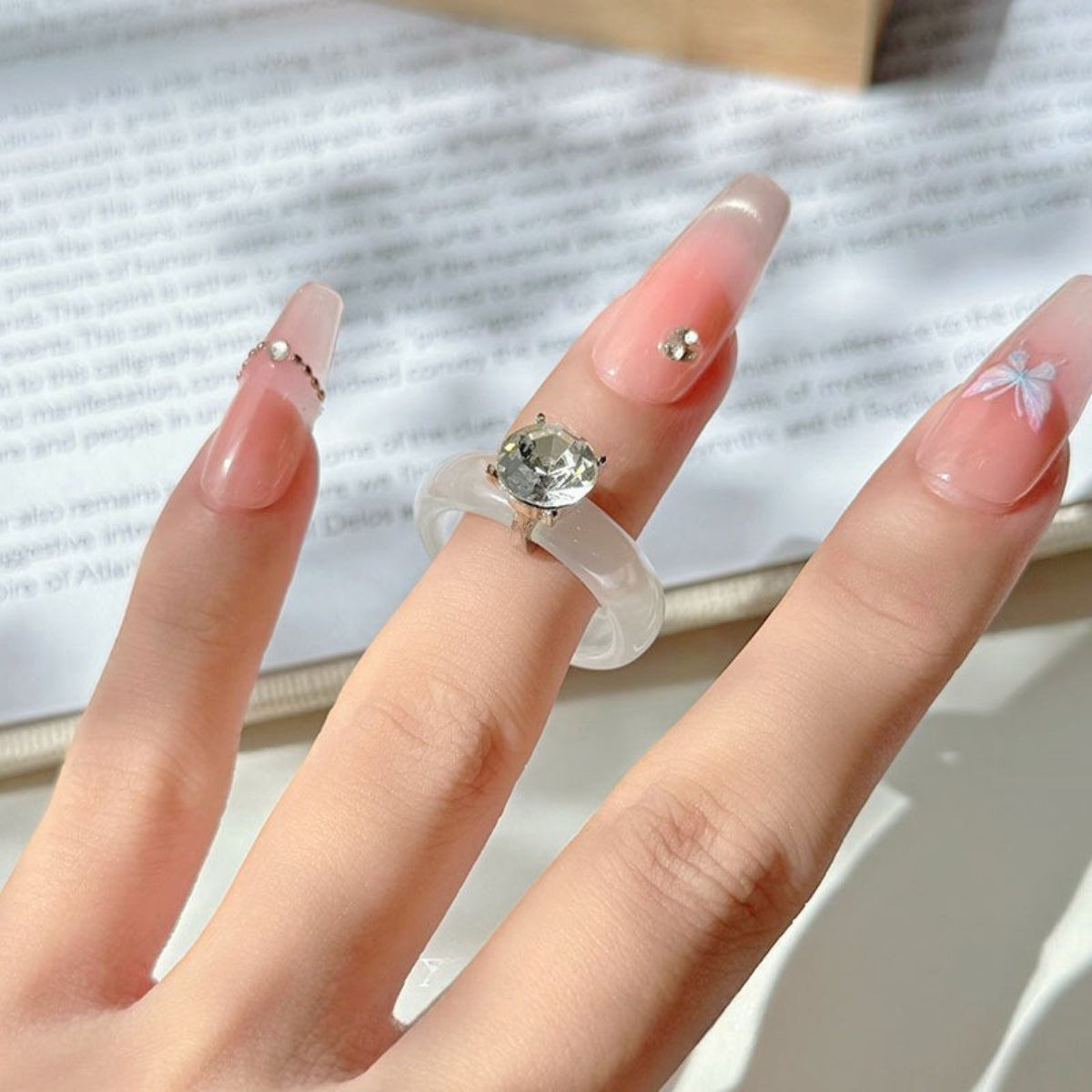 Translucent White Chalcedony Crystal Ring with Zircon