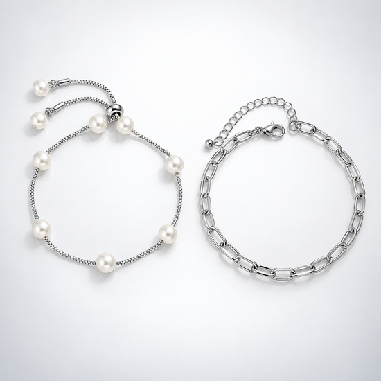 Silver Pearl Layering Anklet Chain Set