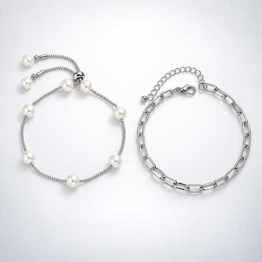 Silver Pearl Layering Anklet Chain Set