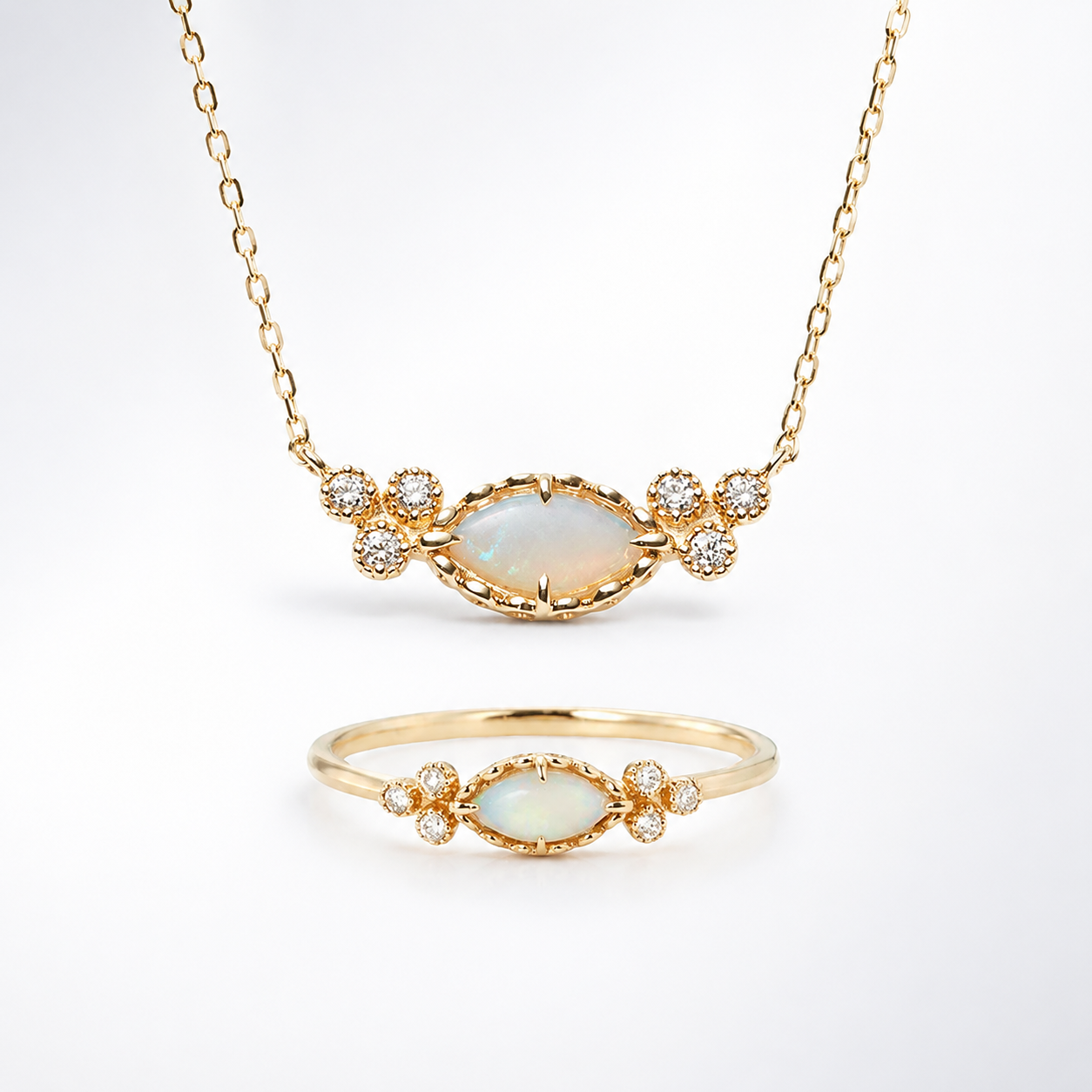 Lab Crafted Opal Gemstone Necklace and Ring Set