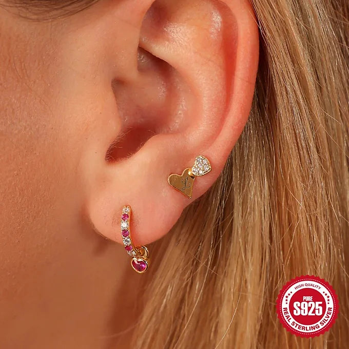 Sterling Silver CZ Heart CZ Huggie Hoop Earrings