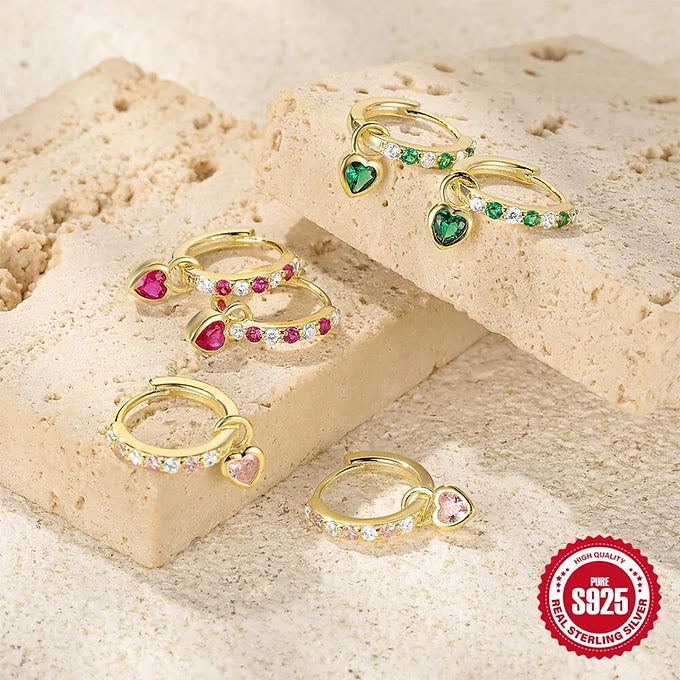 Sterling Silver CZ Heart CZ Huggie Hoop Earrings