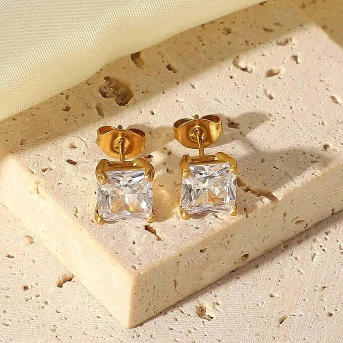 18K Gold Plated Stainless Steel CZ Stud Earrings, Tiny Earrings