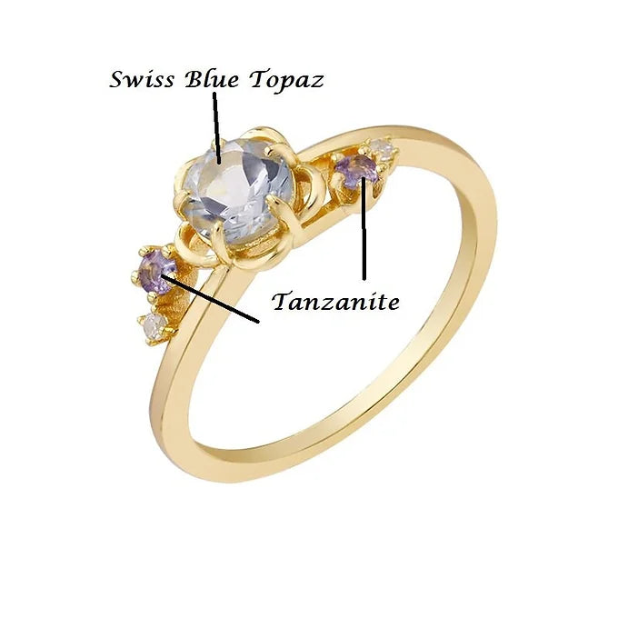 Swiss Blue Topaz Flower Ring, Tanzanite Ring, Flower Birthstone Ring