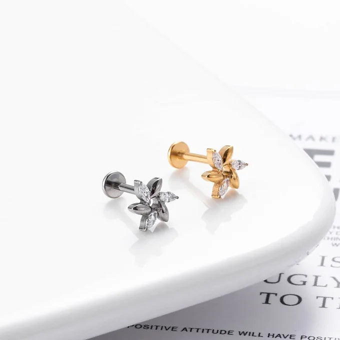 16G Titanium Windmill Leaf Push Pin Flat Back Stud