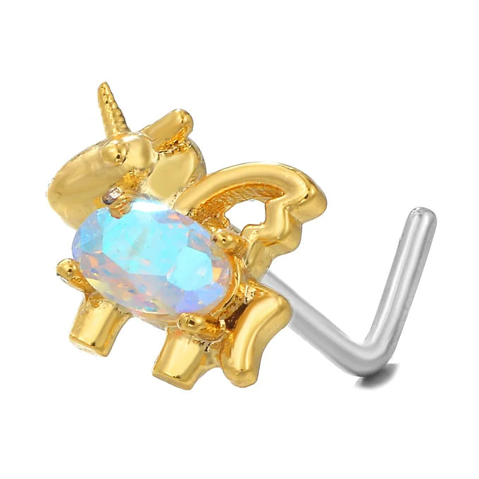 Hypoallergenic Unicorn L Bend Nostril Ring gold