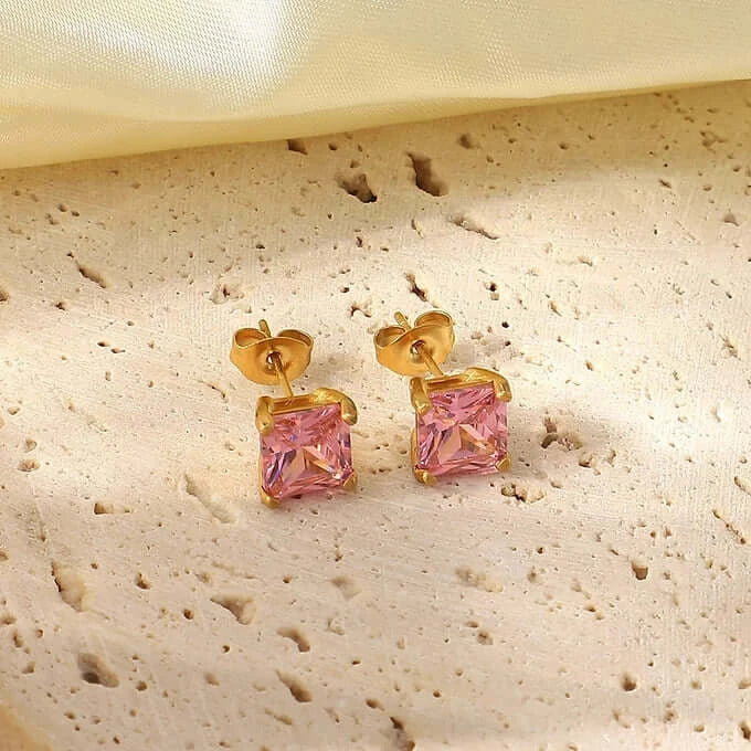 18K Gold Plated Tiny Pink CZ Stud Earrings