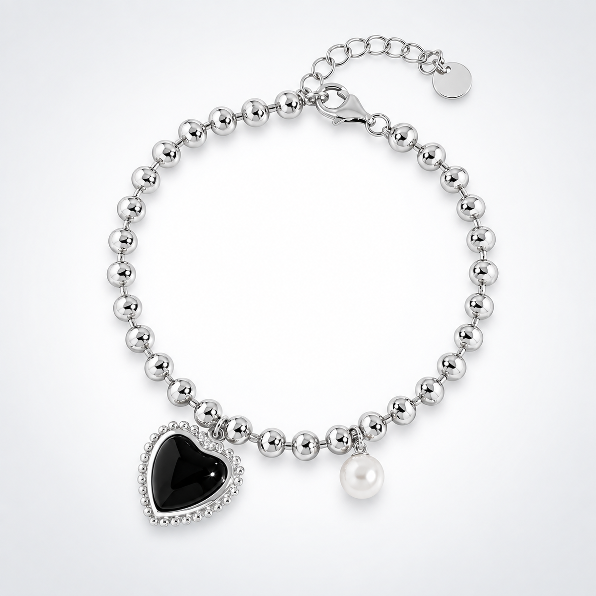 Silver Bead Black Puffed Heart Bracelets
