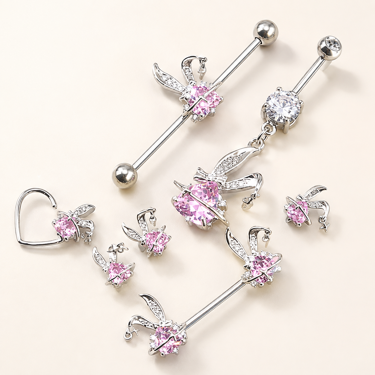 Pink Bunny Heart Surgical Steel Navel Ring Nose Ring