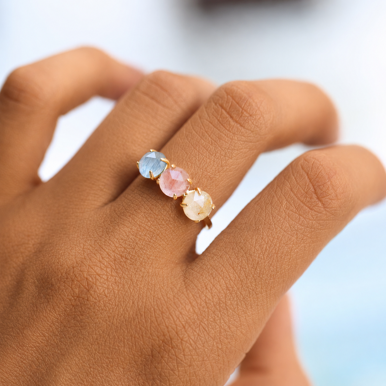 Pop Out Candy Rutilate Quartz Three Stone Ring