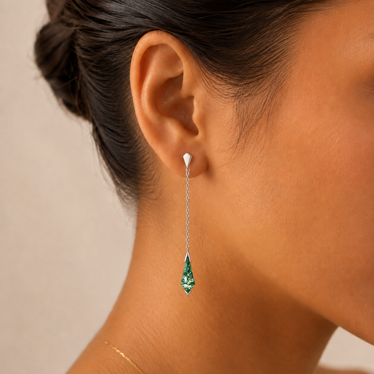 Botanical Moss Agate Tassel Chain Earrings