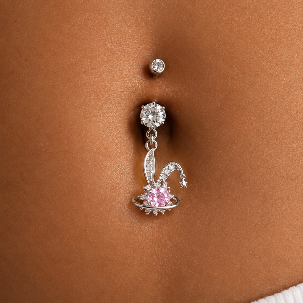 Pink Bunny Heart Surgical Steel Navel Ring Nose Ring