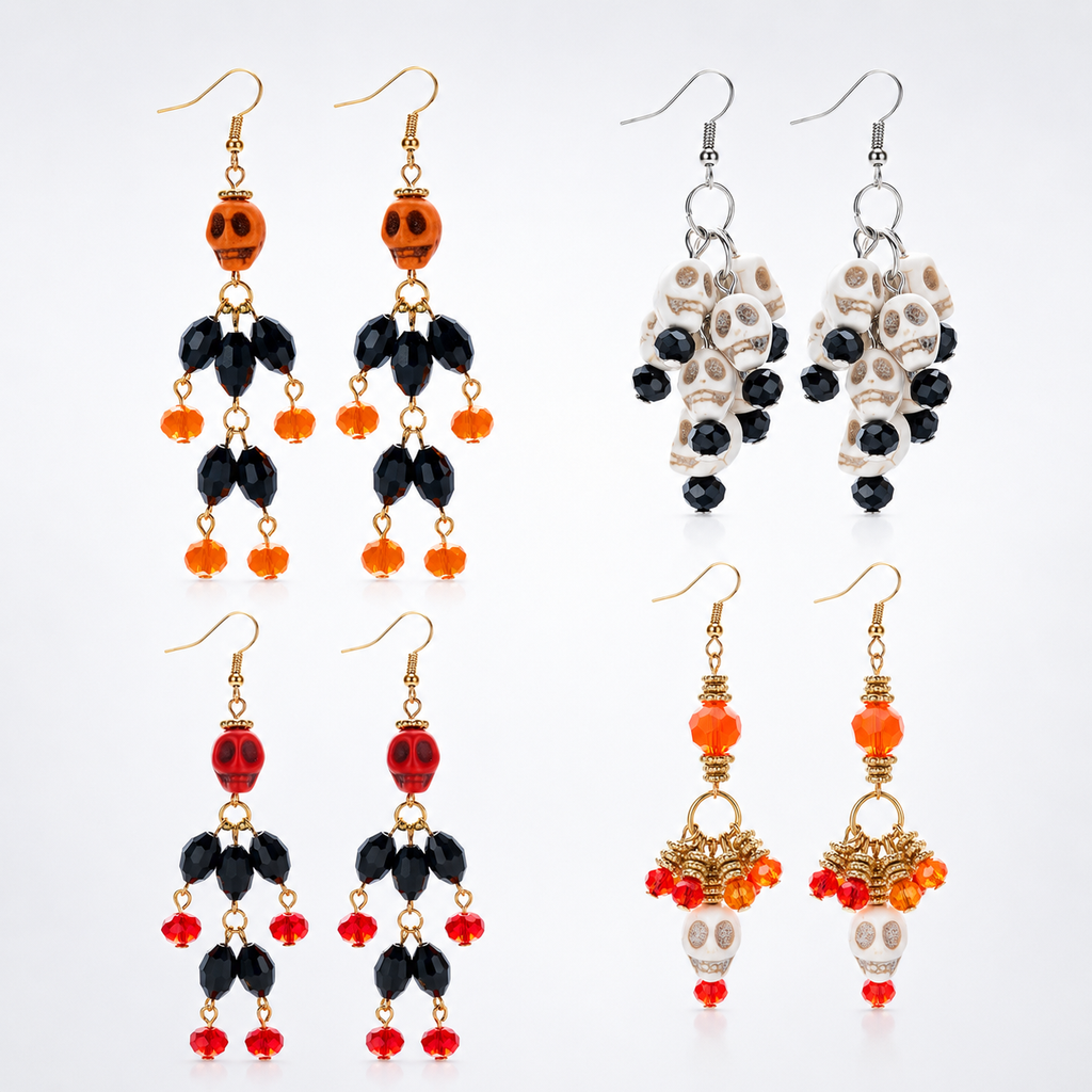 Pumpkin Spell Skull Beaded Drop Earrings