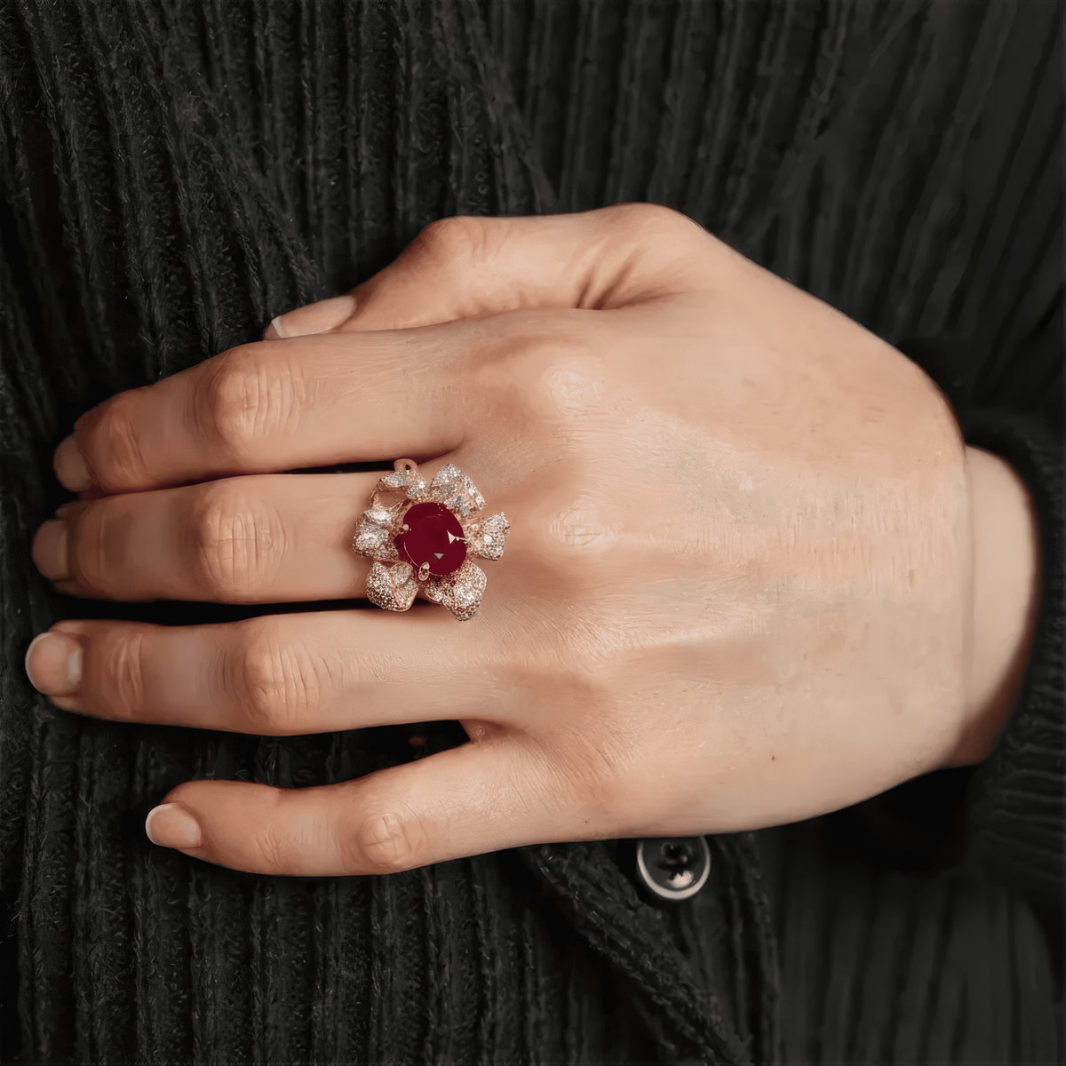 Rose Gold Luxury Ruby Floral Ring